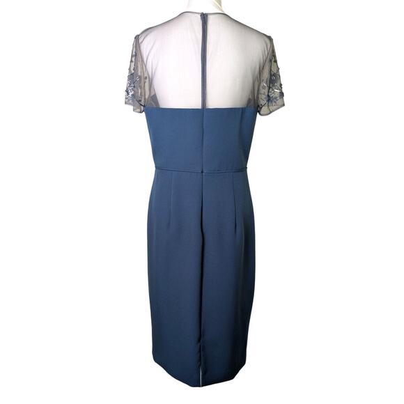 JS Collections Beaded Bodice Crepe Mineral Blue Midi Sheath Dress Women Size 10 - Picture 4 of 16